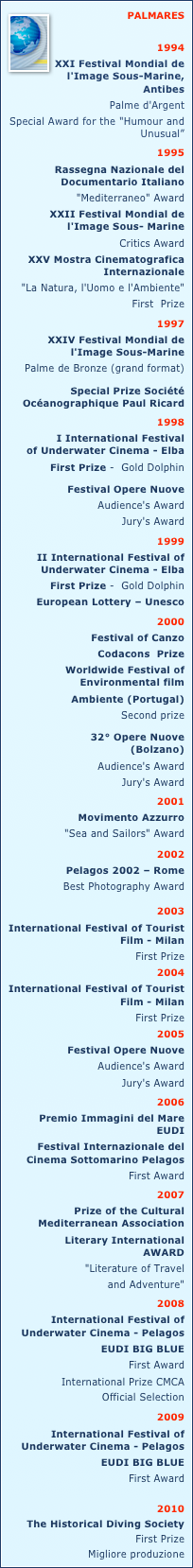 ￼PALMARES

1994  
XXI Festival Mondial de l'Image Sous-Marine, AntibesPalme d'Argent  
Special Award for the "Humour and Unusual”
1995  
Rassegna Nazionale del Documentario Italiano   "Mediterraneo" Award
XXII Festival Mondial de l'Image Sous- MarineCritics Award
XXV Mostra Cinematografica Internazionale "La Natura, l'Uomo e l'Ambiente"  First  Prize1997 
XXIV Festival Mondial de l'Image Sous-MarinePalme de Bronze (grand format)
 Special Prize Société Océanographique Paul Ricard1998             I International Festival of Underwater Cinema - ElbaFirst Prize -  Gold Dolphin

Festival Opere Nuove	Audience's Award
 Jury's Award
1999  
 II International Festival of Underwater Cinema - Elba          First Prize -  Gold Dolphin
European Lottery – Unesco
2000
Festival of CanzoCodacons  Prize
Worldwide Festival of Environmental film 
Ambiente (Portugal)Second prize
           32° Opere Nuove (Bolzano)Audience's Award
Jury's Award 
2001 
Movimento Azzurro              "Sea and Sailors" Award2002
Pelagos 2002 – Rome         Best Photography Award2003
International Festival of Tourist  Film - Milan           First Prize2004 
International Festival of Tourist  Film - Milan         
 First Prize 
2005
Festival Opere Nuove          Audience's Award
Jury's Award 
2006
 Premio Immagini del Mare EUDI        Festival Internazionale del Cinema Sottomarino Pelagos 
First Award
2007
Prize of the Cultural   Mediterranean Association    Literary International AWARD
"Literature of Travel
and Adventure"
2008
International Festival of  Underwater Cinema - Pelagos 
EUDI BIG BLUE
First Award 
International Prize CMCA Official Selection
2009
International Festival of  Underwater Cinema - Pelagos 
EUDI BIG BLUE
First Award
2010
The Historical Diving Society
First Prize
Migliore produzione