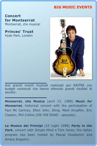 BIG MUSIC EVENTS

Concert￼
for MontserratMontserrat, che musica!Princes' TrustHyde Park, London
 
￼
due grandi eventi musicali realizzati per RAITRE con budget contenuti che hanno ottenuto grandi risultati di ascolto:

￼
Monserrat, che Musica (avril 13, 1998) Music for Monserrat, historical concert with the participation of Paul Mc Cartney, Elton John, Sting, Mark Knopfler, Eric Clapton, Phil Collins (ON THE ROAD - speciale);

La Musica dei Principi (23 luglio 1998) Party in the Park, concert with Simple Mind e Tom Jones; the italian program has been hosted by Pascal Vicedomini and  Ambra Angiolini;